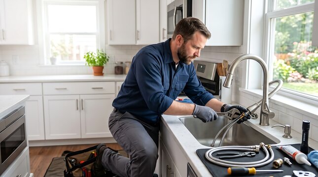 A professional plumber wearing protective gloves repairs a kitchen sink faucet in a modern white residential home kitchen