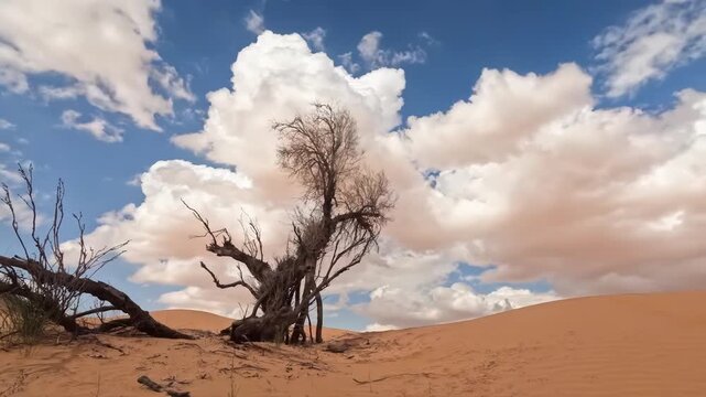 Consequences of desertification a dry tree in the middle of sand dunes under a dramatic sky, symbolizing extreme drought and climate change.