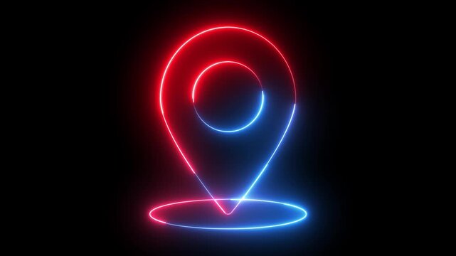 Glowing neon red and blue color location map sign icon animation position tracking direction address tags journey place navigation icon sign symbol on black background	