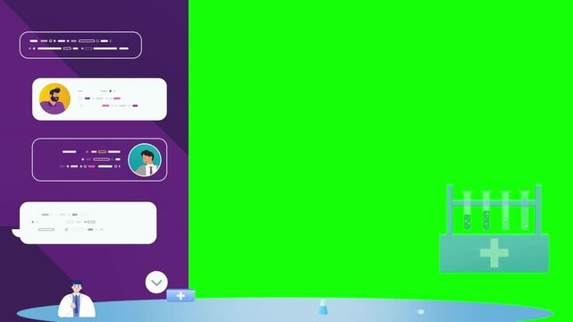 Chatbox interface displays medical icons with test tubes and avatars on a vibrant green background, serving as a digital mockup for telemedicine platforms, healthcare communication, or online advice.