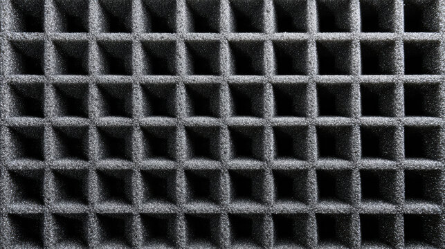 Close up texture of dark grey protective packaging foam with a deep square grid pattern