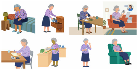 Fototapeta premium Senior Woman Health Management Illustration Set: Blood Pressure Monitoring, Telemedicine, and Medication Routine at Home