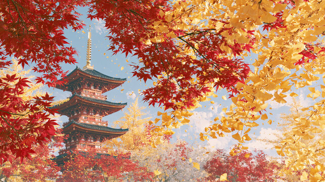 紅葉と銀杏に囲まれた日本の五重塔