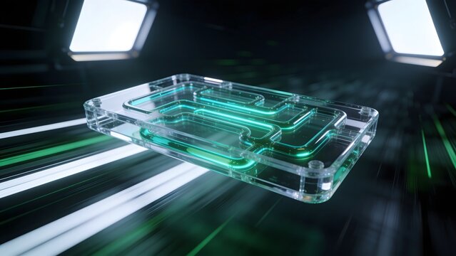Clear 3D rendering of a microfluidic glass chip with glowing green channels. Excellent for biotechnology medical diagnostics laboratory research and futuristic science publications.