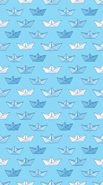 Seamless vector pattern with cute origami paper boats in shades of blue and white on a light blue background
