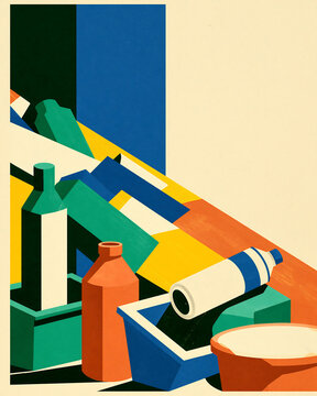 Abstract geometric of plastic bottles and containers in vibrant primary colors