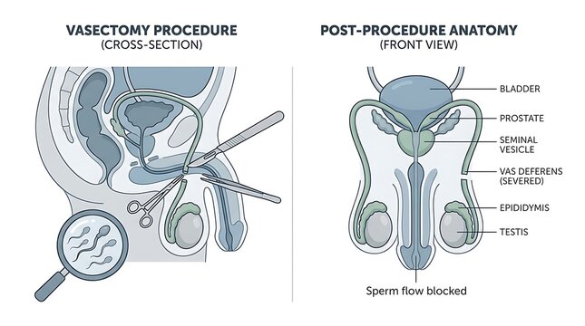 Medical illustration showing vasectomy procedure and resulting male anatomy