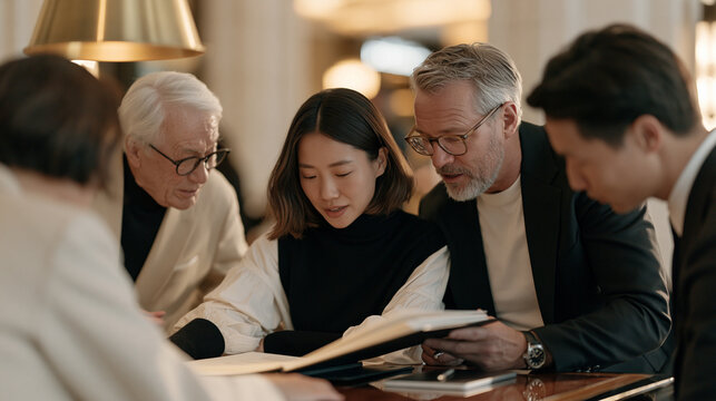 Payroll processing specialist at a polished desk in a luxury firm lobby, reviewing holiday bonus disbursement ledgers with an elder senior partner and junior associate leaning in,