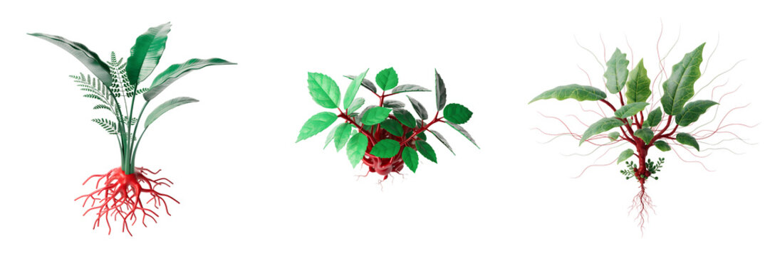 Set of a plant with vibrant green leaves and ferns, with red roots isolated on a transparent background