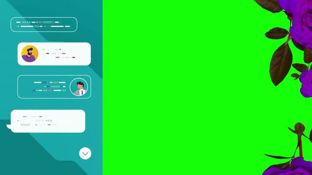Chat interface panel featuring user profile avatars and text bubbles alongside a floral decorative element bordering a large green screen area for video editing and professional digital communication.