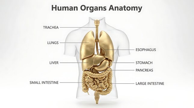 Educational diagram of human organs anatomy with labeled internal body parts