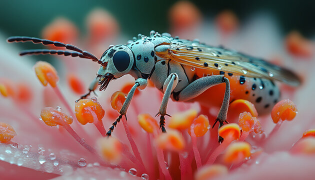 Ultra Realistic Macro Grasshopper on Flower with Detailed Texture, Natural Habitat and Botanical Background