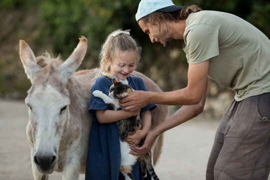 Man and child interact with a cat and a donkey 