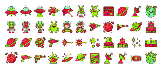 Pixel Art Space Icons Collection: Aliens, UFOs, Planets, Lasers © Roni