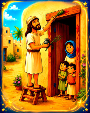 Passover Blood on the Doorposts Illustration for Kids, Biblical Exodus Story, Moses, Hyssop, Jewish Holiday Cartoon