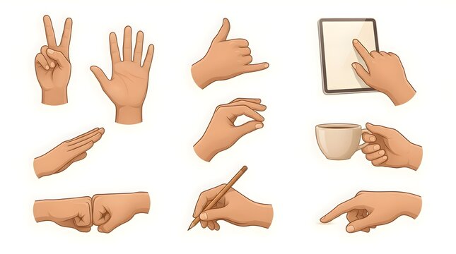 Vector illustration set of human hand gestures and daily actions like writing, pointing, and holding isolated on white