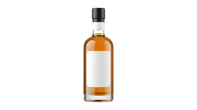 Glass bottle with golden amber liquid whiskey or brandy and a blank white label for branding mockup isolated on white background