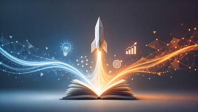 3D paper rocket launching from an open book with glowing energy trails and educational icons representing innovation and fast learning.