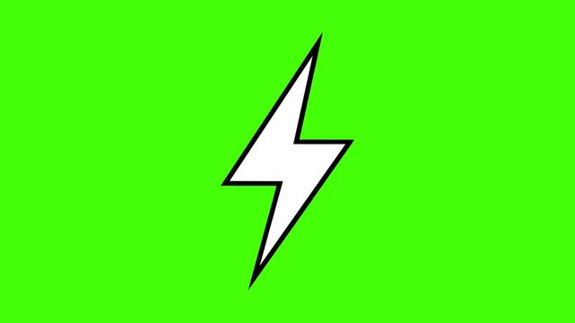 White lightning bolt animation isolated on a green screen background, vector illustration of a simple electric symbol