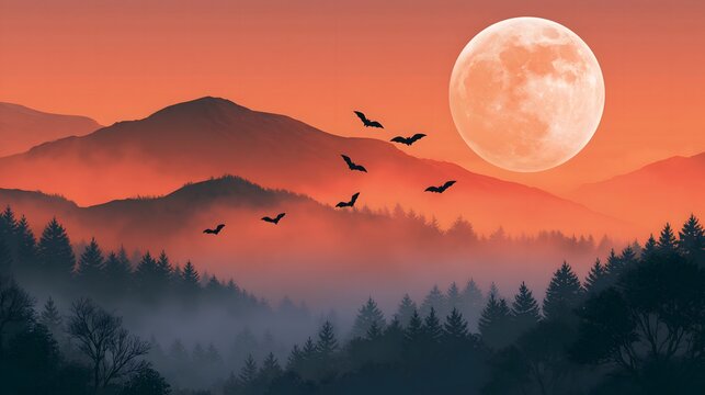 Halloween mountain landscape beneath enormous glowing moon mist covered forest flying bats rich oil painting brushwork clean vector inspired design