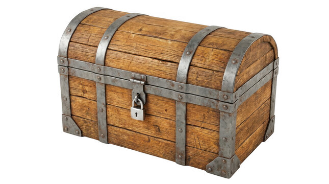 Antique wooden treasure chest with iron trim and padlock isolated on transparent background.