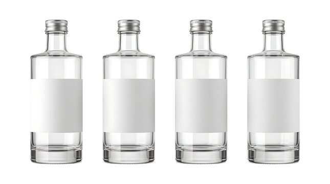 Four empty glass bottles with silver caps and blank labels for liquor or alcohol branding mockups isolated on white background
