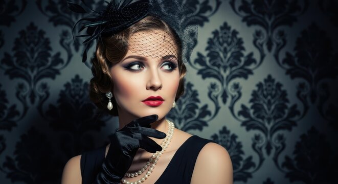 Elegant Vintage Woman in 1920s Style with Black Veil, Pearls, and Red Lipstick against Damask Background