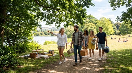 Fototapeta premium Friends Enjoying a Summer Picnic by the Lake on a Sunny Day