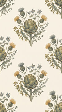 Vintage botanical seamless pattern featuring illustrated artichoke flowers and thistles in muted vintage colors