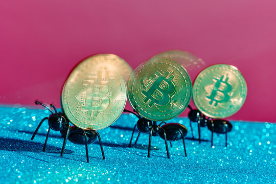 a row of ants advances with bitcoins, captured using shutter drag