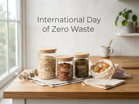 Glass jars with food on a wooden table for international day of zero waste celebration