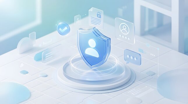 3d render of a digital security shield protecting personal user data and privacy icons