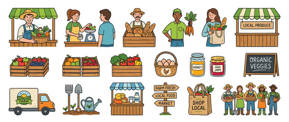Naklejka premium Farmers Market Collection: Fresh Produce, Local Goods, and Community