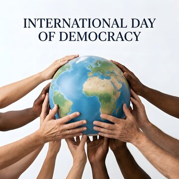 Diverse group of hands holding a blue globe for international day of democracy event