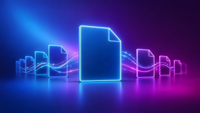 Digital document icons with glowing data streams representing modern information transfer and secure cloud computing concepts, illustrating a futuristic network.