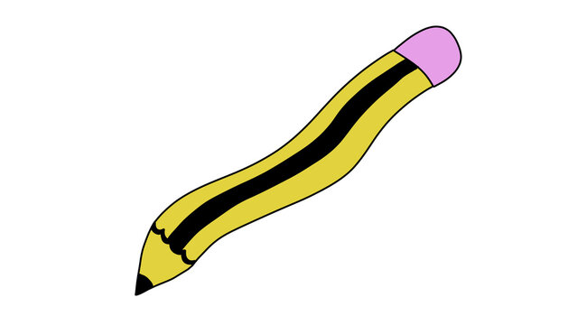 Playful cartoon illustration of a curved, wavy yellow pencil with a pink eraser for back to school posters, stationary items, kids story book designs isolated on a transparent background