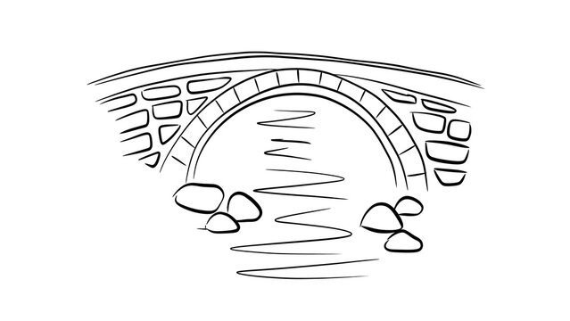 Minimalist black and white illustration of a hand-drawn stone arch bridge over a river with rocks, isolated on a transparent background.