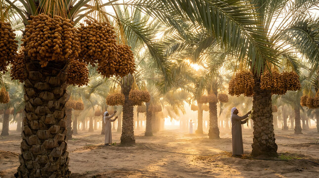 Silhouette of date farmers harvesting golden fruit in a desert palm grove at sunrise