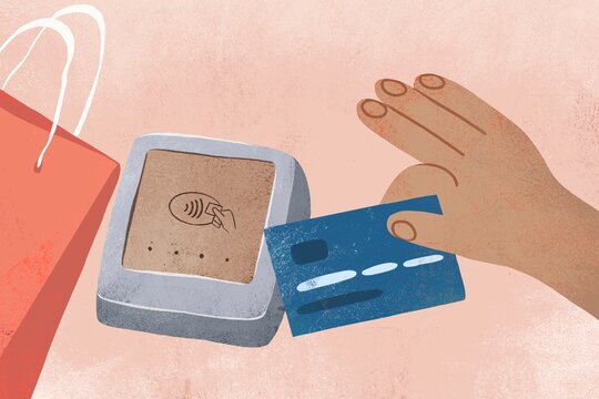Illistration of a hand holding a credit card over a terminal