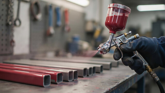 Worker spray painting metal square tubes with red paint in workshop
