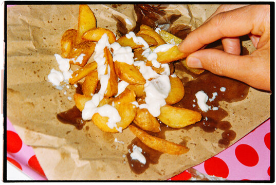 an overhead view of loaded french fries, 35mm film