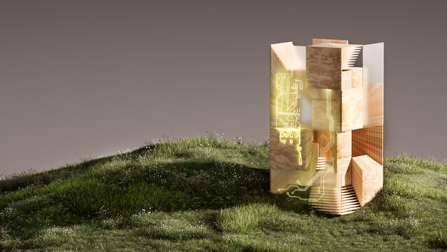 Wooden Modular Structure with Glowing Circuit Overlay