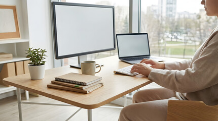 Fototapeta premium Young Woman Working on Laptop and Monitor at Wooden Desk in Bright Home Office with Natural Light