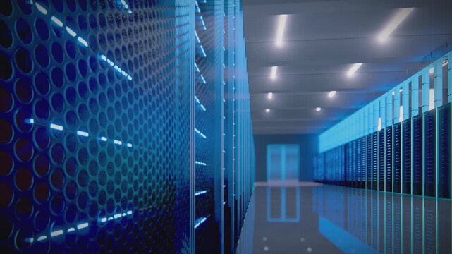 SciFi Data Center Server Mesh 4K Seamless Loop. Industrial computer mainframe room interior featuring high-detail perforated metal mesh door texture in a bright environment with blinking blue and puls