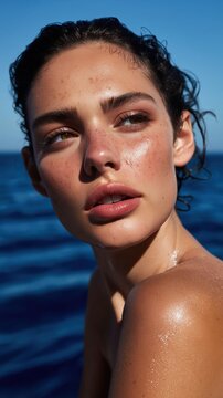 A sensual close-up of sun-kissed, hydrated skin glistening under strong sunlight on a yacht. Luxury maritime beauty and deep blue water capture a luminous summer mood.