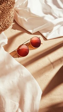Beach-inspired flat-lay features woven bag, white fabric, and stylish sunglasses on warm sand. Natural shadows add relaxed, summery editorial flair.