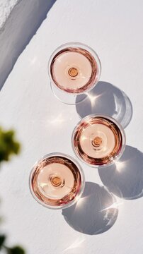 Three transparent wine glasses create delicate sparkle reflections on sunlit white stone. A minimal summer flat lay exudes southern European elegance and luxury.