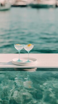 Two iced cocktails on a sleek tray rest above turquoise Mediterranean waters, evoking luxury and calm. This refined yachting scene radiates summer leisure and elegance.