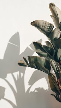 Minimalist banana and palm leaves cast sharp shadows on a creamy white wall. Muted green foliage and Mediterranean sunlight create tranquil botanical artistry.