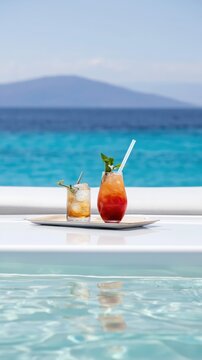 Minimalist drinks tray with iced cocktails on a yacht swim platform above turquoise water. Elegant Mediterranean yachting scene exudes luxury and premium travel vibes.